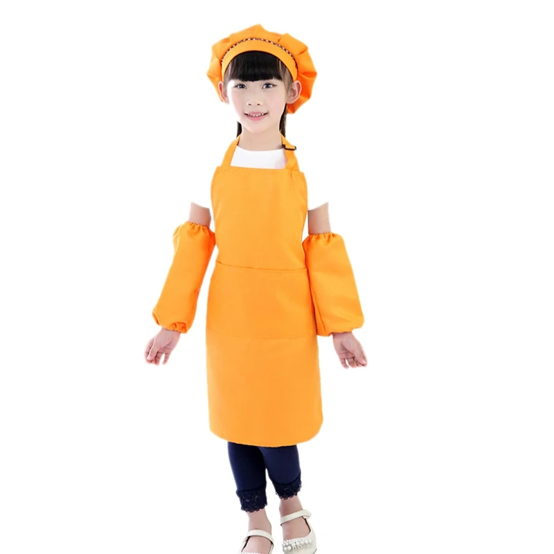 

Kids Full Apron Bib Set with Pocket and Hat Sleeves Craft Kitchen Chef Cooking Art Children Diy Apparel