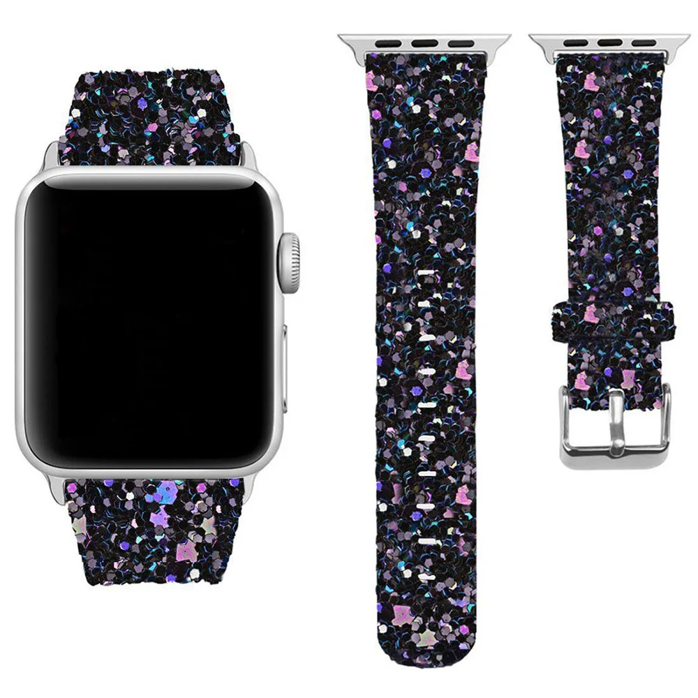 

Shiny Glitter Power Iwatch Band For Apple Watch Series 6/5/4/3/2/1 Bracelet Strap 38mm 40mm 42mm 44mm Leather Bling Wristbands