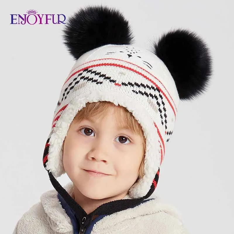 Детская шапка унисекс ENJOYFUR с меховым помпоном и двойной подкладкой из лисьего