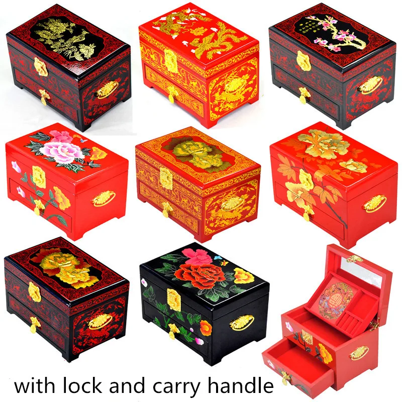 3 layer Handle Lacquerware Chinese Vintage Wooden Storage Box with lock Home Decor Drawer Jewelry Makeup Boxes Wedding Gift
3 layer Handle Lacquerware Chinese Vintage Wooden Storage Box with lock Home Decor Drawer Jewelry Makeup Boxes Wedding Gift