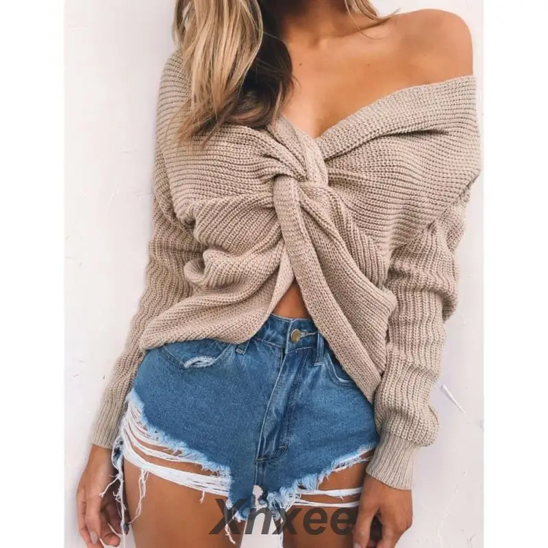 

Retro V Neck Twisted Back Sweater Women Jumpers Autumn Pullovers Casual Tops Long Sleeve Knitted Sweaters pull femme Xnxee