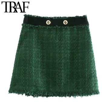 

TRAF Women Chic Fashion Patchwork Frayed Tweed Mini Skirt Vintage A Line Side Zipper Female Skirts Casual Faldas Mujer