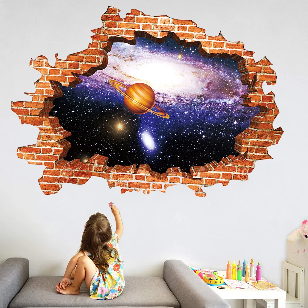 Фото 3D разбитая стена Вселенная Галактика Звездная планета Настенная Наклейка для