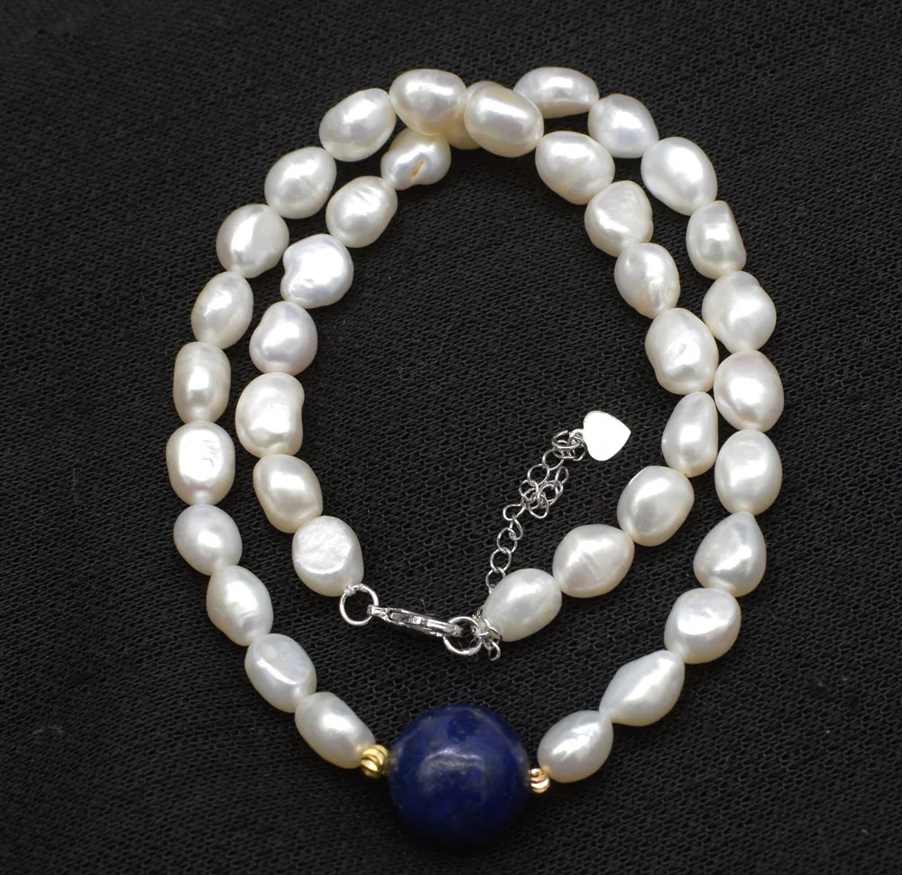

freshwater pearl white baroque and lapis round 16mm necklace 17inch FPPJ wholesale beads nature