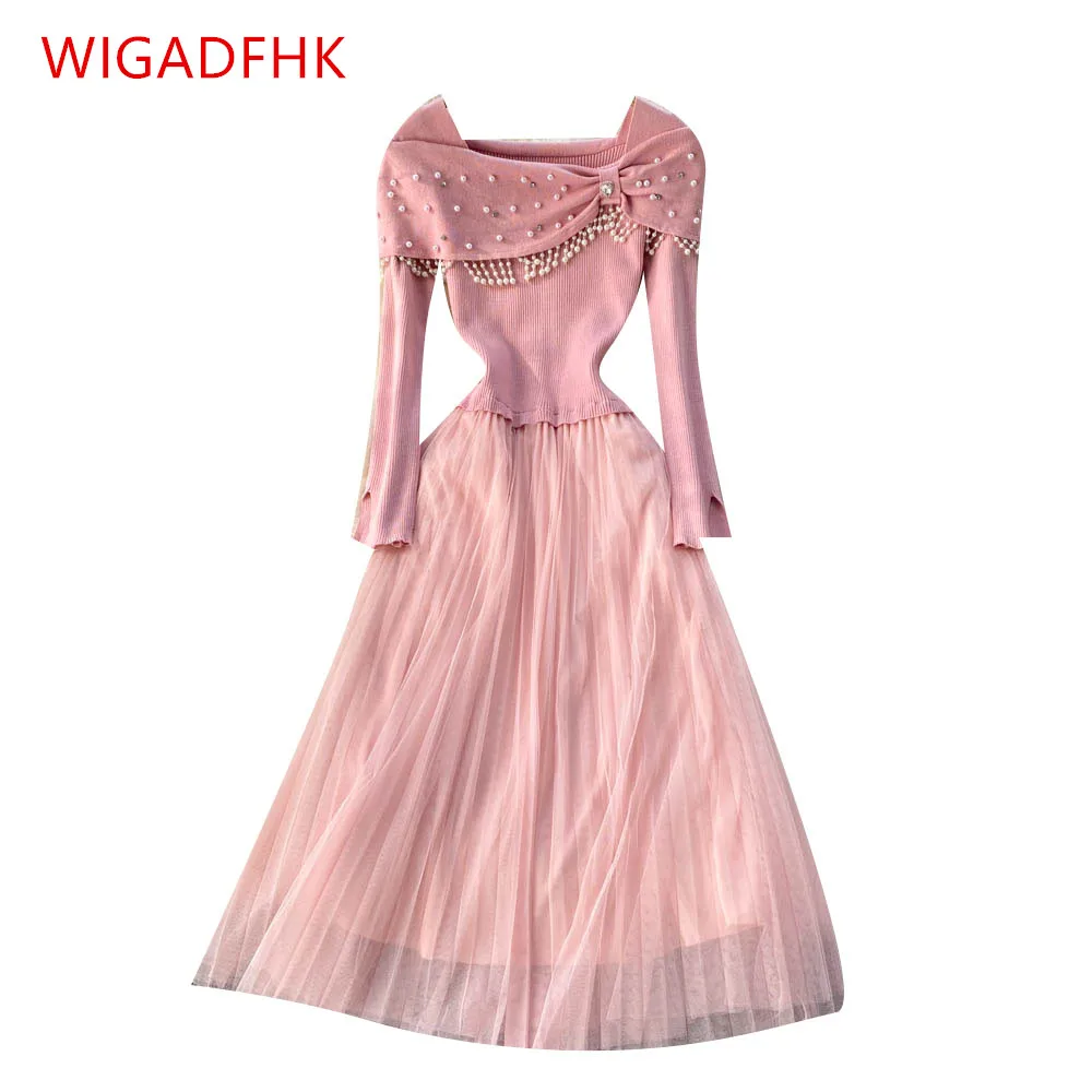 2022 Autumn And Winter New Design Sense Beaded Knit Sweater Stitching High Waist Mesh Dress Elegant Women's Party Dress Vestidos
2022 Autumn And Winter New Design Sense Beaded Knit Sweater Stitching High Waist Mesh Dress Elegant Women's Party Dress Vestidos