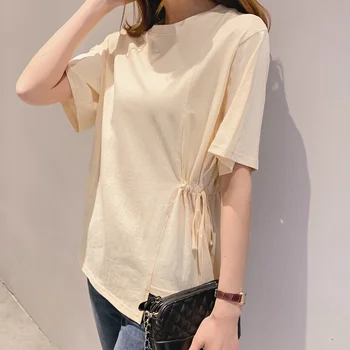 Summer Wear New Style Irregular Drawstring Shirred Pure Cotton Crew Neck Simple Short Sleeve T-shirt t shirt 
Summer Wear New Style Irregular Drawstring Shirred Pure Cotton Crew Neck Simple Short Sleeve T-shirt t shirt