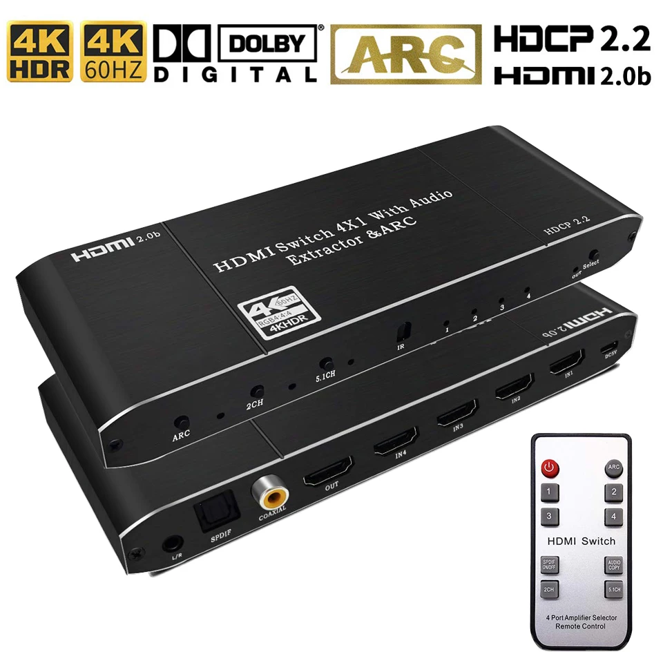 2020 Лучший 4K HDMI 2 0 переключатель с ARC и IR 4x1 дистанционного управления 60 Гц 2x1 аудио