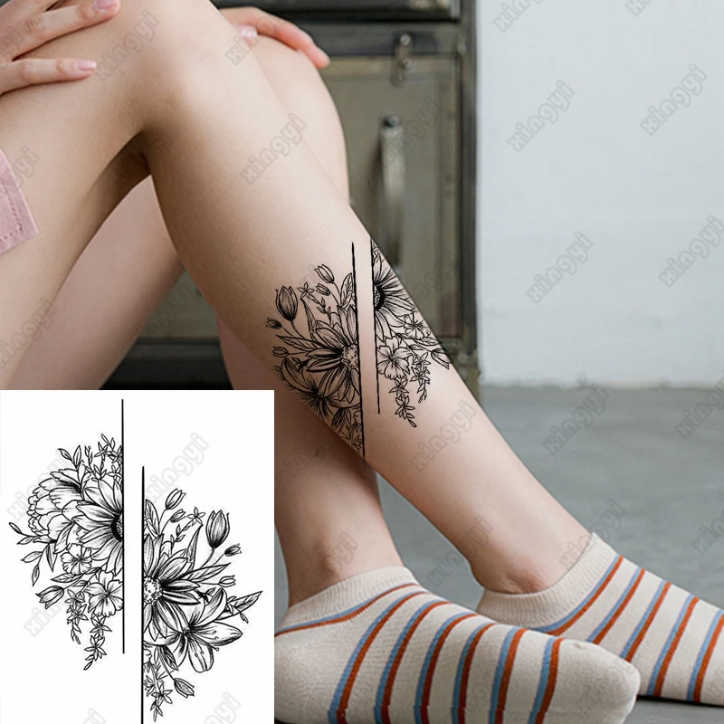 Фото Черные Цветочные Временные татуировки на талию наклейки для женщин и девушек