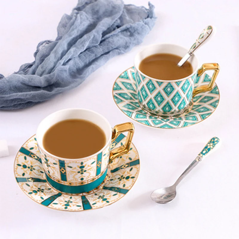 

European Style Luxury Ceramic Coffee Cup Saucer Set With Spoon Bone China Afternoon Tea Cups Suite Breakfast Milk Mug 2021