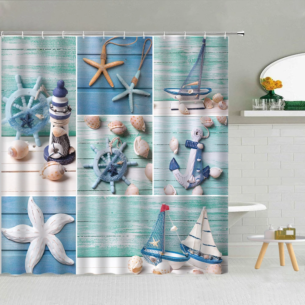 

Shell Beach Wooden Shower Curtain Colorful Starfish Conch Rudder High Quality Polyester Fabric Bath Curtains With Hook 3D Printe