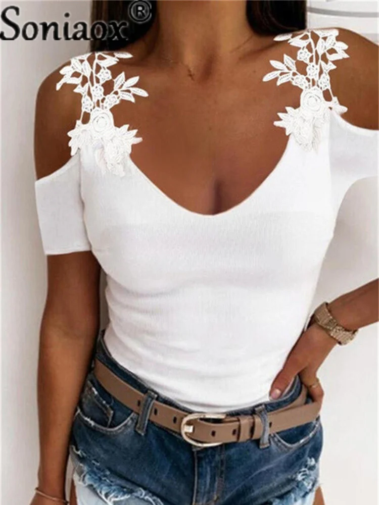 

2021 Summer New Lace Petal Short Sleeve Solid Color Ladies T-Shirt Women Oversize Off Shoulder V-Neck Slim Casual Tops Tee Tunic