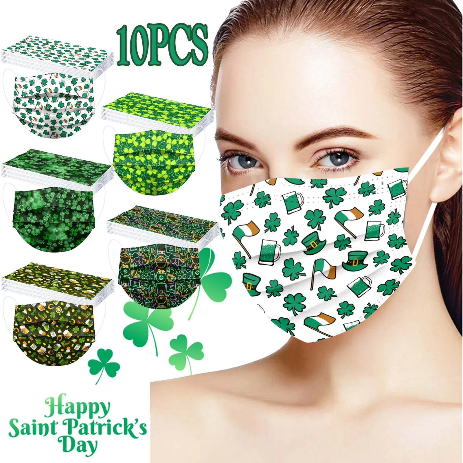 

10pcs Adult St. Patrick' Day Disposable Face Mask 3 Ply Earloop Anti-pm2.5 Masks Adult Disposable Mask Face Cover Printed Dispos