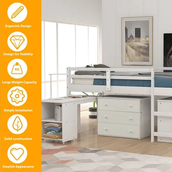 Bedroom Bunk Bed with Bookcase and Rolling Desk Low Double Bed Loft Bed Multifunctional Dormitory Home Bed
Bedroom Bunk Bed with Bookcase and Rolling Desk Low Double Bed Loft Bed Multifunctional Dormitory Home Bed