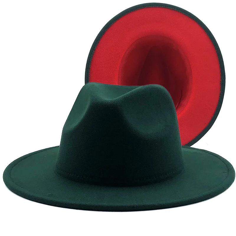 

Outer Dark Simple green Inner red Wool Felt Jazz Fedora Hats with Thin Belt Buckle Men Women Wide Brim Panama Trilby Cap 56-60CM