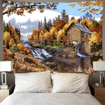

Autumn forest river waterwheel oil painting print tapestry cheap hippie wall hanging bohemian mandala mural style decorative art