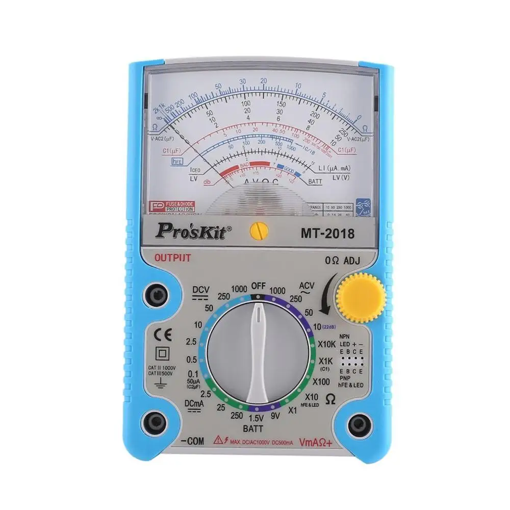 MT-2018 Pointer Analog Multimeter AC DC Voltage Diode Freguency Multitester Current Tester home tool Safety Standard Ohm Tester
MT-2018 Pointer Analog Multimeter AC DC Voltage Diode Freguency Multitester Current Tester home tool Safety Standard Ohm Tester