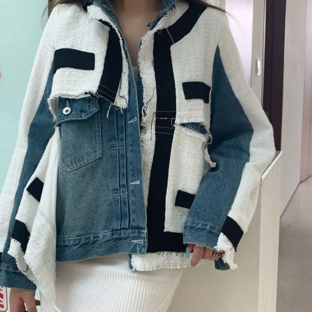 Women Retro Denim Patchwork Coat Color Matching Leisure Coats Jacket Asymmetry Fashion Jeans Jacket 2019 New Fashion Clothing 
Women Retro Denim Patchwork Coat Color Matching Leisure Coats Jacket Asymmetry Fashion Jeans Jacket 2019 New Fashion Clothing