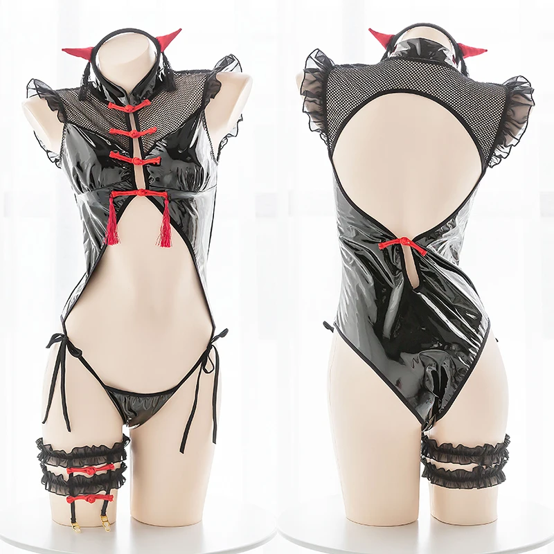 Little Devil Series Patent Leather Cheongsam Jumpsuits Gothic Hollow Out Vintage Punk cheongsam Collar Deep V Bandage one-piece
Little Devil Series Patent Leather Cheongsam Jumpsuits Gothic Hollow Out Vintage Punk cheongsam Collar Deep V Bandage one-piece