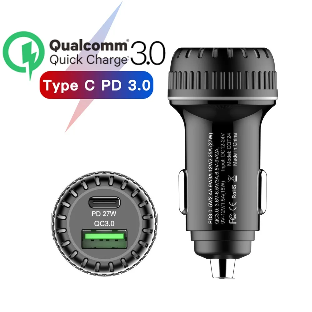 

USB Car Charger QC3.0 Quick Charger PD 27W Type c Fast Charging with LED Light circle For Samsung S9 Iphone Huawei P30 Xiaomi