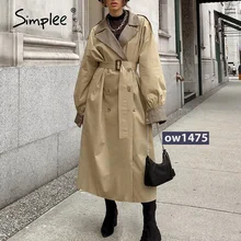 

Simplee Causal light tan autumn women trench coat Split joint elegant long sleeve coat Plaid long coat with belt windbreaker