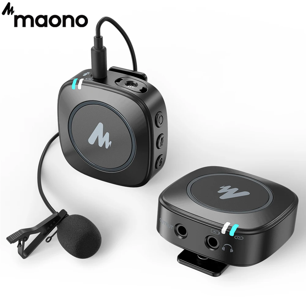 

MAONO Wireless Microphone System 2.4GHz Dual Lavalier Mics with Real-time Monitoring Gain Adjustment Mute for Interview