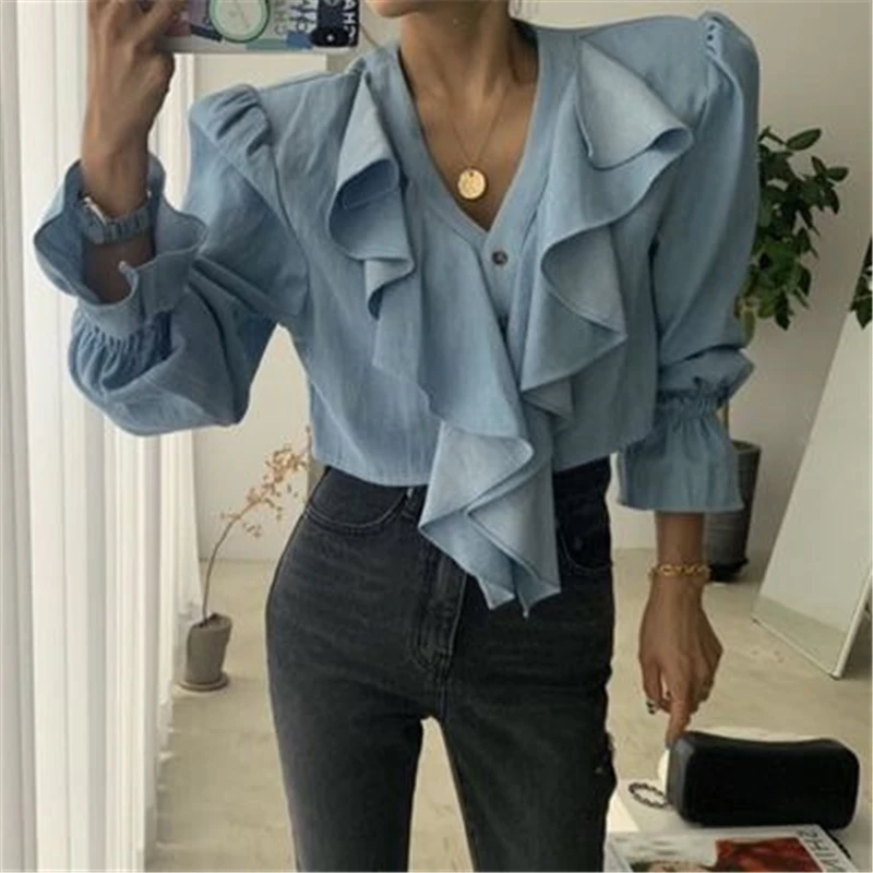 Korean Retro Cross Deep V-neck Cropped Blouese Women Spring Fall Ruffled Long-sleeved Solid Color Short Shirts Chic
Korean Retro Cross Deep V-neck Cropped Blouese Women Spring Fall Ruffled Long-sleeved Solid Color Short Shirts Chic
