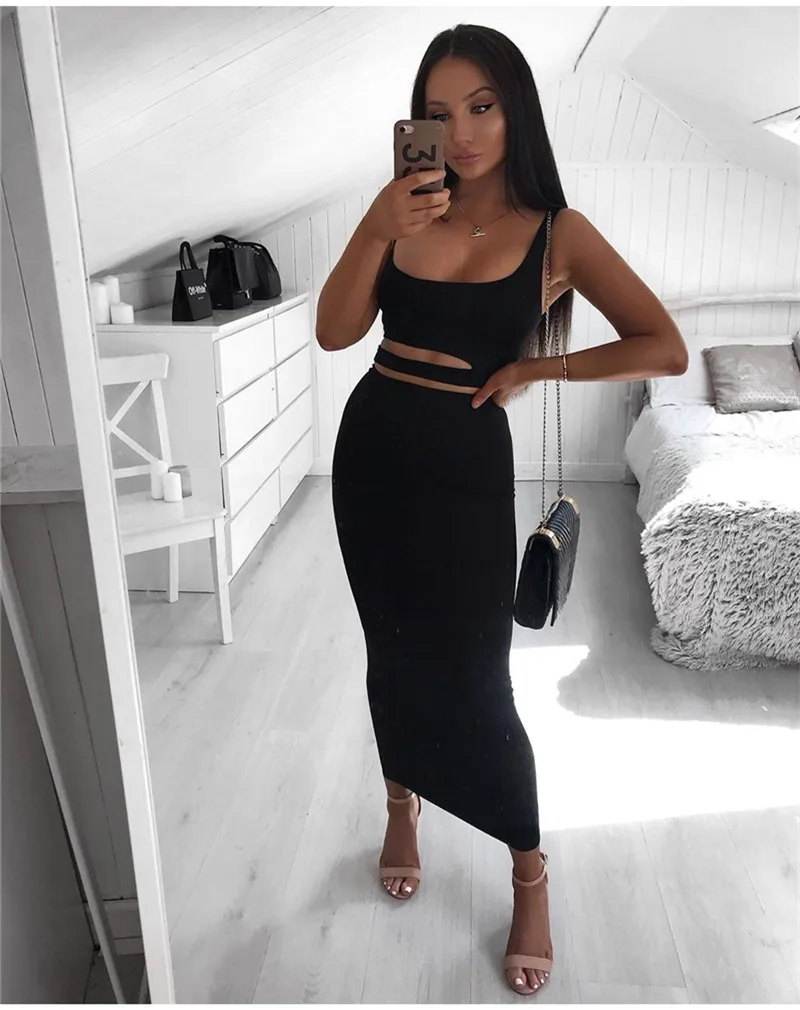 FSDA Two Piece Set Summer Spaghetti Strap Crop Top Party And Midi Bodycon Skirt Club Outfit Black White Women Set Sey