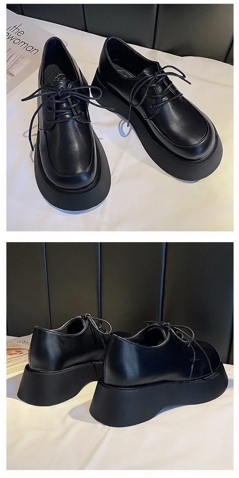 Platforms Shoes Women Bottom Heels Woman Autumn Shoes Round Big toe Shoe British Style Girls Faves Footwear Slip On Black