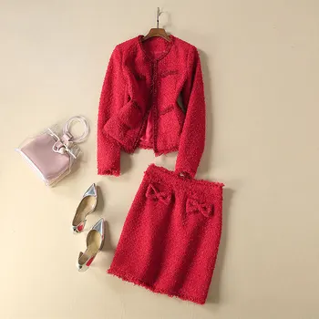 European and American women's clothing 2019 winter new style Long sleeve coat Bow skirt Fashionable red tweed suit 
European and American women's clothing 2019 winter new style Long sleeve coat Bow skirt Fashionable red tweed suit