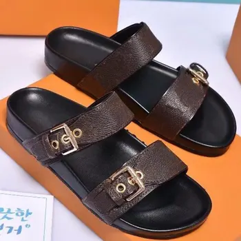 

With Box Men Print Patent Leather Brand Bom Dia Mule On-trend Slide Sandal Lady Canvas Letter Anatomic Leather Outsole Designe