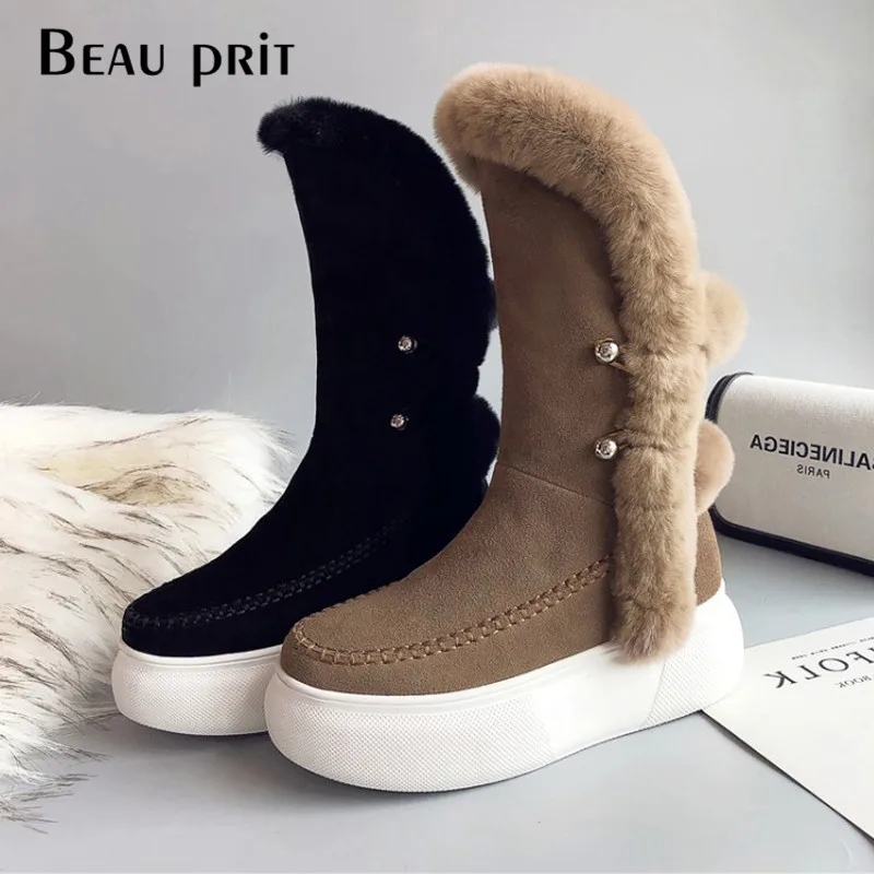 

Mid Calf Snow Boots Warm Women's Winter Shoes With Real Rabbit Fur Plush Inside Platform Booties botas mujer invierno 2019