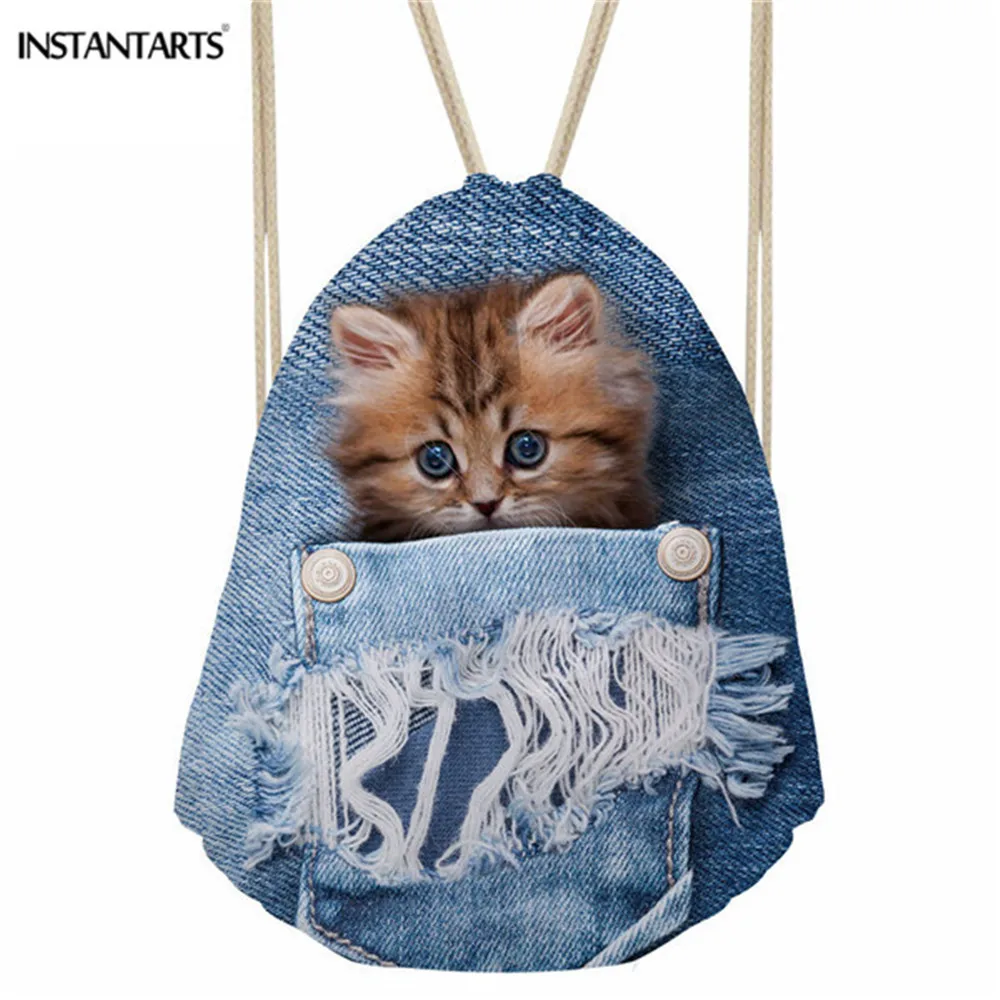 Синяя джинсовая сумка INSTANTARTS для занятий спортом рюкзак с принтом животных кошек
