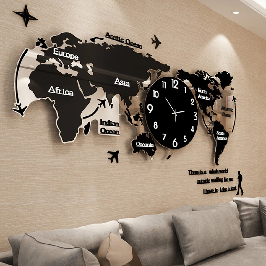 Фото Большие настенные часы с картой мира светящиеся в современном - купить