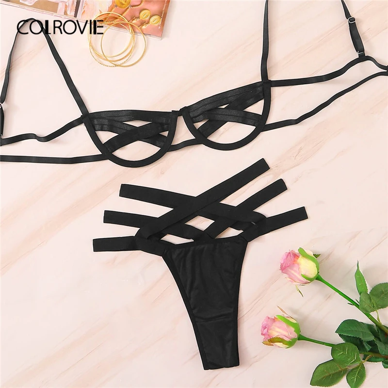 

COLROVIE Black Ladder Cut-out Underwire Lingerie Set Women Intimates 2019 Solid Sexy Sets Bra And Thongs Ladies Underwear Set