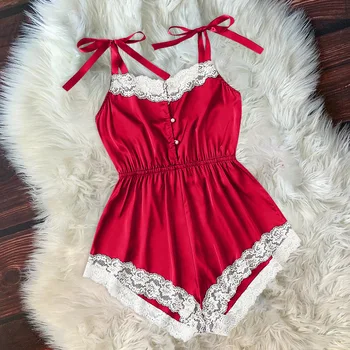 Plus Size Women Sleepwear One Piece Bodysuit Sleeveless Strappy Lace-up Overalls Sexy Female Lace Hem Romper Pajamas 
Plus Size Women Sleepwear One Piece Bodysuit Sleeveless Strappy Lace-up Overalls Sexy Female Lace Hem Romper Pajamas