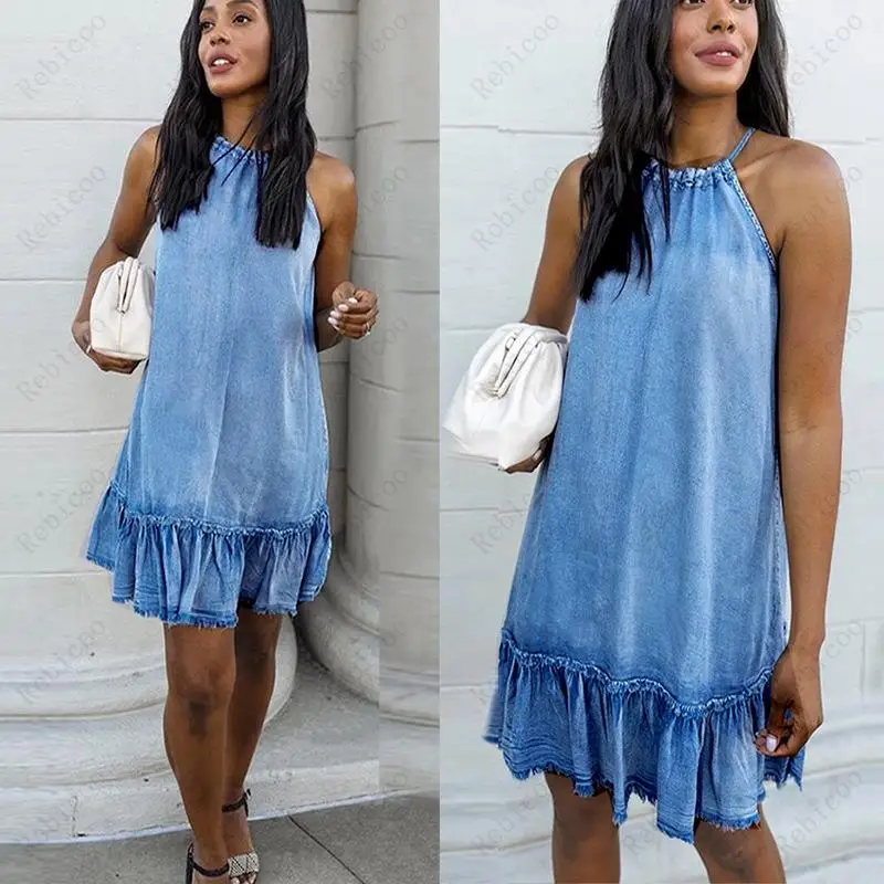 Women Sexy Halter Denim Dress 2020 Summer Casual Backless Mini Jeans Dress Ladies Fashion Loose A-line dress New Ruffle dress
Women Sexy Halter Denim Dress 2020 Summer Casual Backless Mini Jeans Dress Ladies Fashion Loose A-line dress New Ruffle dress