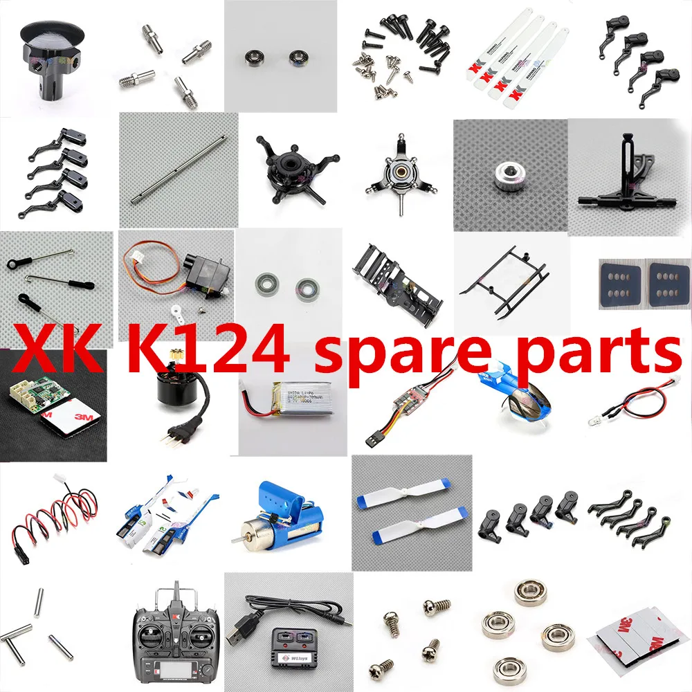 

Wltoys XK K124 RC Helicopter Spare parts blade motor ESC shell rotor head Rotor clip Bearing swashplate charger gear rod etc