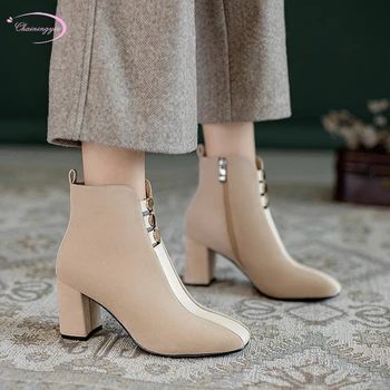 College style square toe flock ankle boots color matching rivet zipper black beige high heel thick riding boots women's shoes
College style square toe flock ankle boots color matching rivet zipper black beige high heel thick riding boots women's shoes