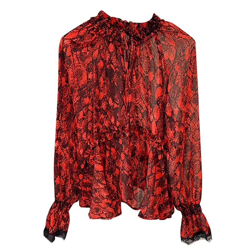 Red Black python Snake Print Viscose Blouse Frills v-neck with drawstring Waist 3/4 Sleeves lace cuffs Fashion top Woman
Red Black python Snake Print Viscose Blouse Frills v-neck with drawstring Waist 3/4 Sleeves lace cuffs Fashion top Woman