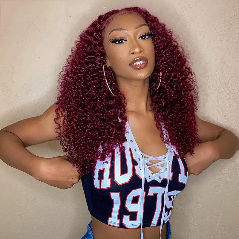 

99J Burgundy Kinky Curly 13x4 Lace Front Human Hair Wigs Brazilian Remy Hair 180% Red Curly 4x4 Lace Closure Wig Pre Plucked