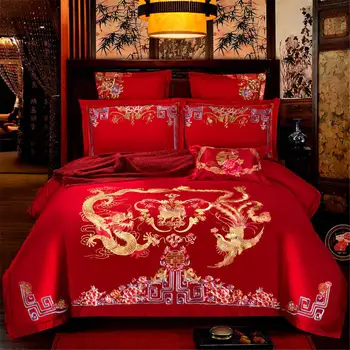 4/6Piece Red cotton lace luxury design wedding bedding sets print Dragon and phoenix bed linen set duvet cover 
4/6Piece Red cotton lace luxury design wedding bedding sets print Dragon and phoenix bed linen set duvet cover