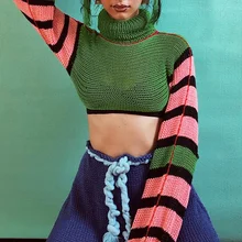 Striped High Neck Cropped Top Women's Knitted Long-sleeved Autumn Short T-shirt Streetwear Fashion All-match Stretch T-shirt
Striped High Neck Cropped Top Women's Knitted Long-sleeved Autumn Short T-shirt Streetwear Fashion All-match Stretch T-shirt