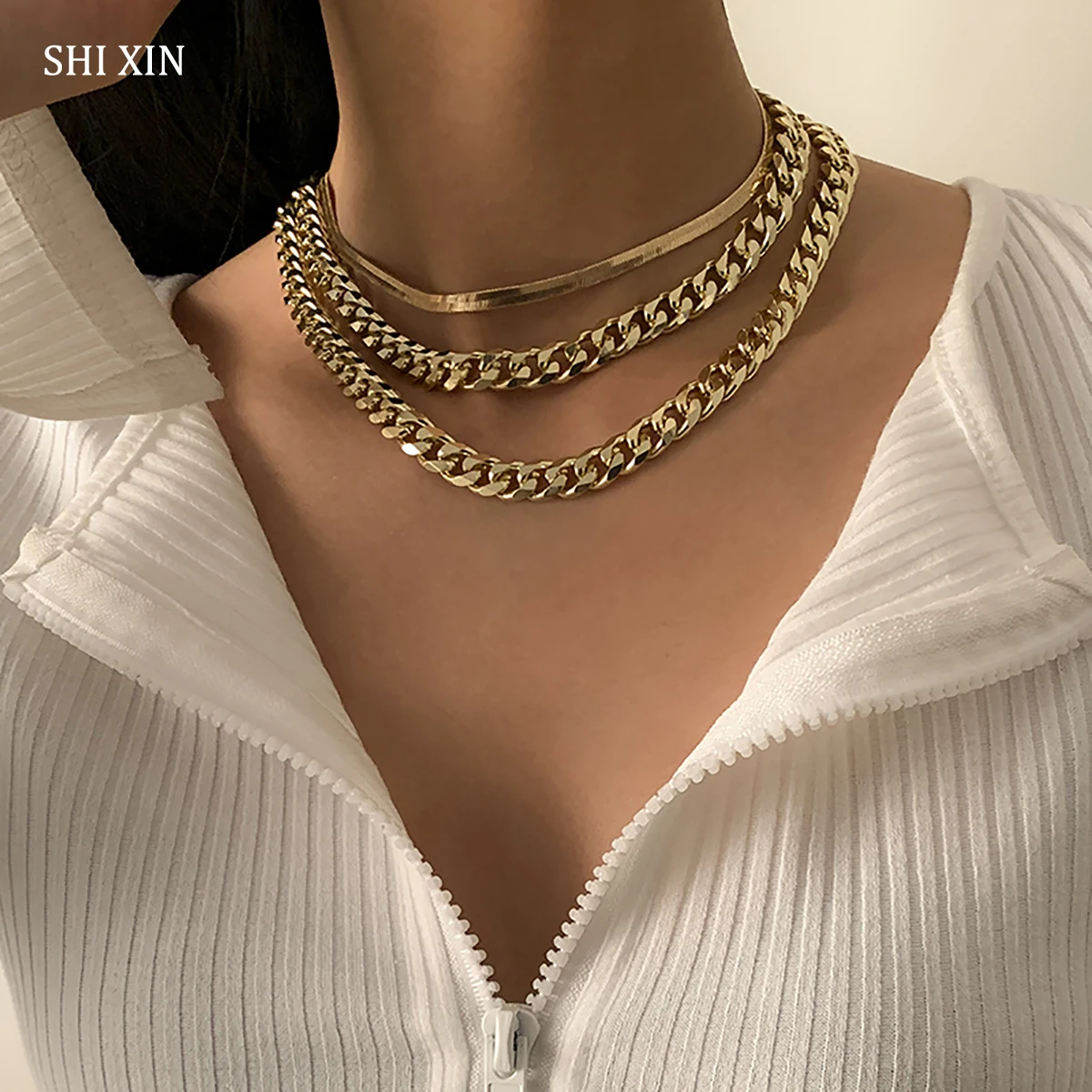 Многослойное ожерелье SHIXIN с толстыми звеньями для женщин цепочка в стиле хип-хоп