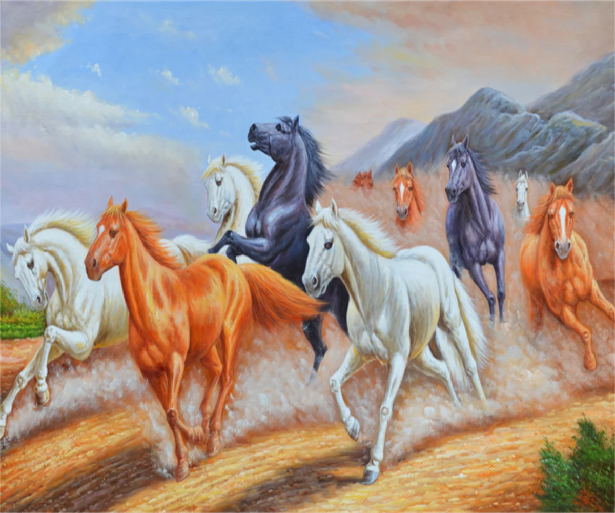 

European and American hand-painted high-definition oil painting huge galloping horse art background paper custom mural papier