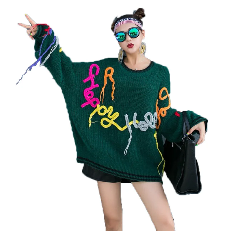 QING MO женский свитер с надписью зеленый Женский вязаный рукавом летучая мышь