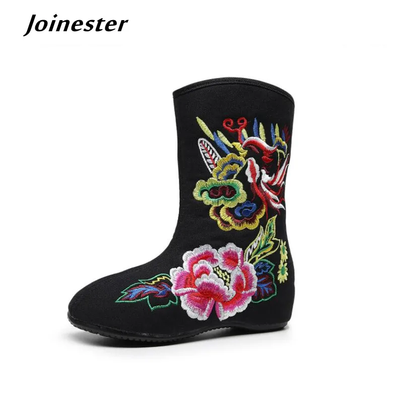 

Ethnic Style Embroidered Short Boots Women Old Beijing Cotton Fabric Booties Female Vintage Side Zipper Ankle Boot Autumn Shoes