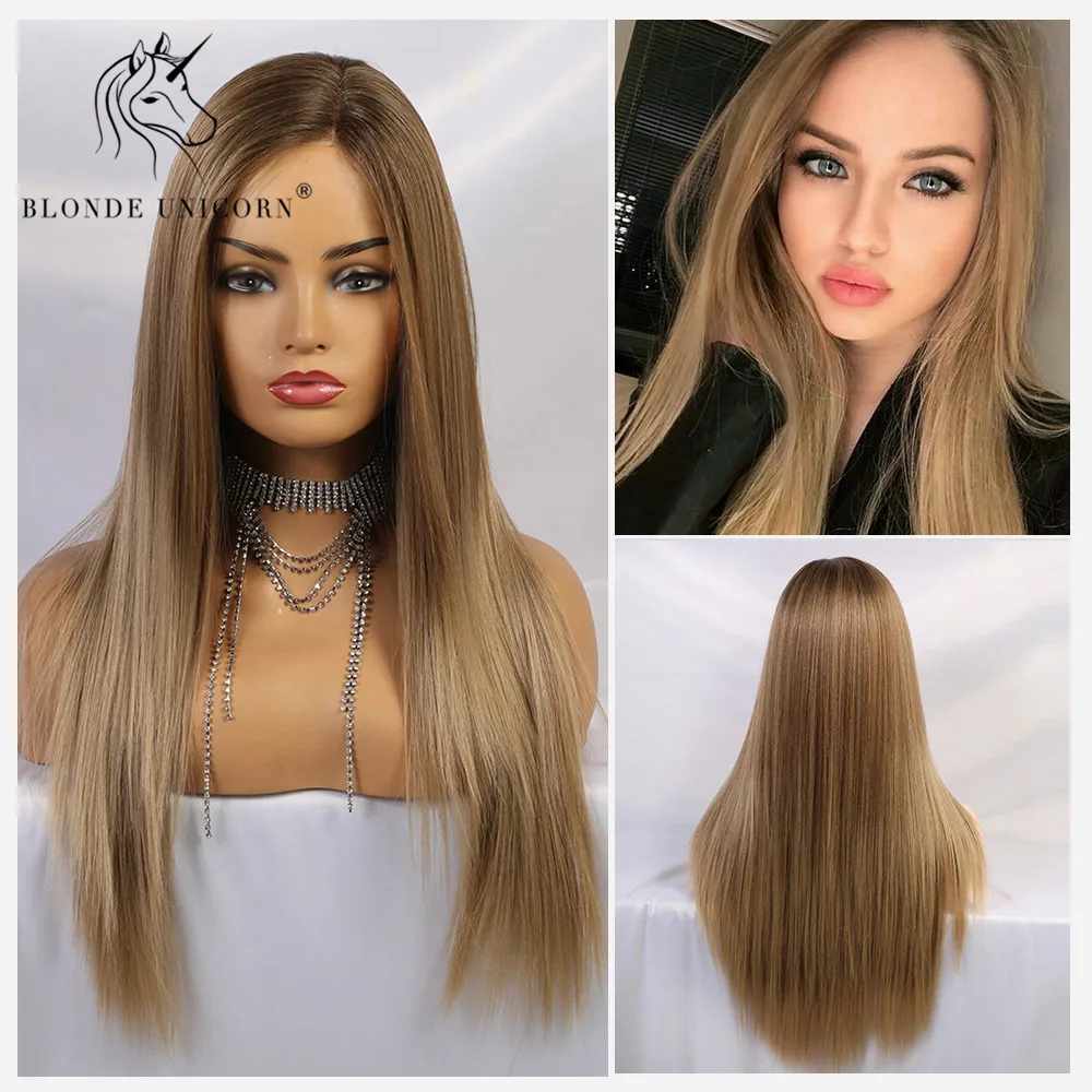 

Blonde Unicorn Synthetic Lace Front Wigs for Women Long Straight Ombre Brown Center Parting Hand Tied Wedding Hair Lace Wigs