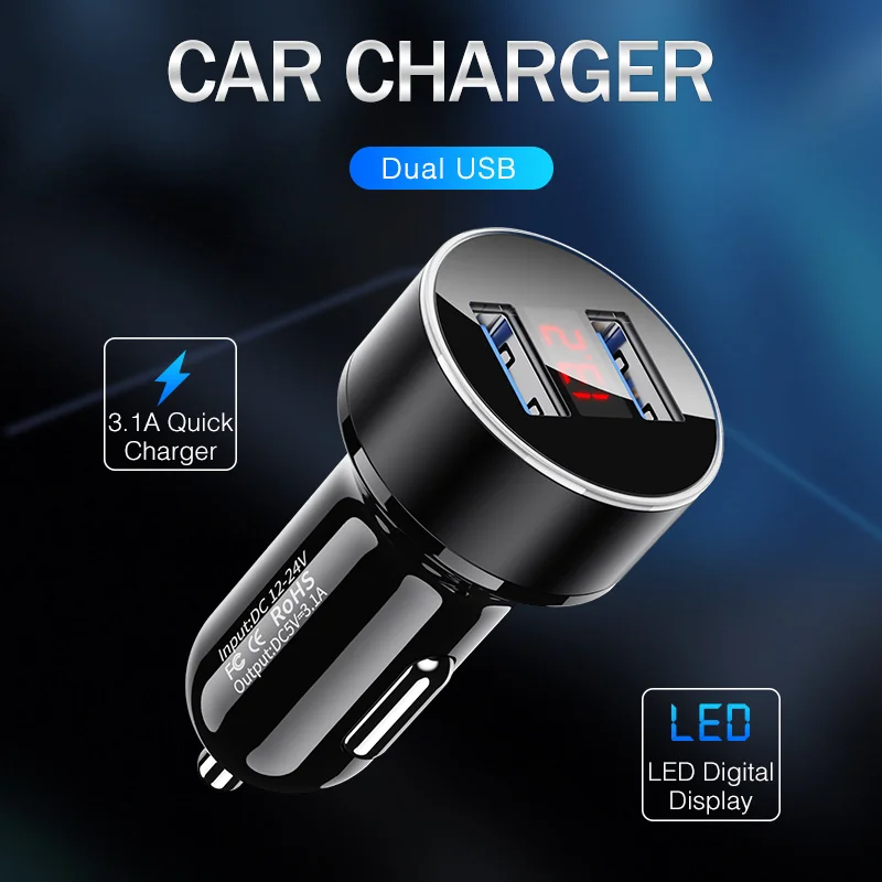 Автомобильное зарядное устройство Mini Dual USB со светодиодным дисплеем 2 для Samsung Xiaomi