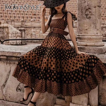 TWOTWINSTYLE Vintage Dot Women Dress Square Collar Spaghetti Starp High Waist With Sashes Dresses For Female Fashion Clothes New
TWOTWINSTYLE Vintage Dot Women Dress Square Collar Spaghetti Starp High Waist With Sashes Dresses For Female Fashion Clothes New