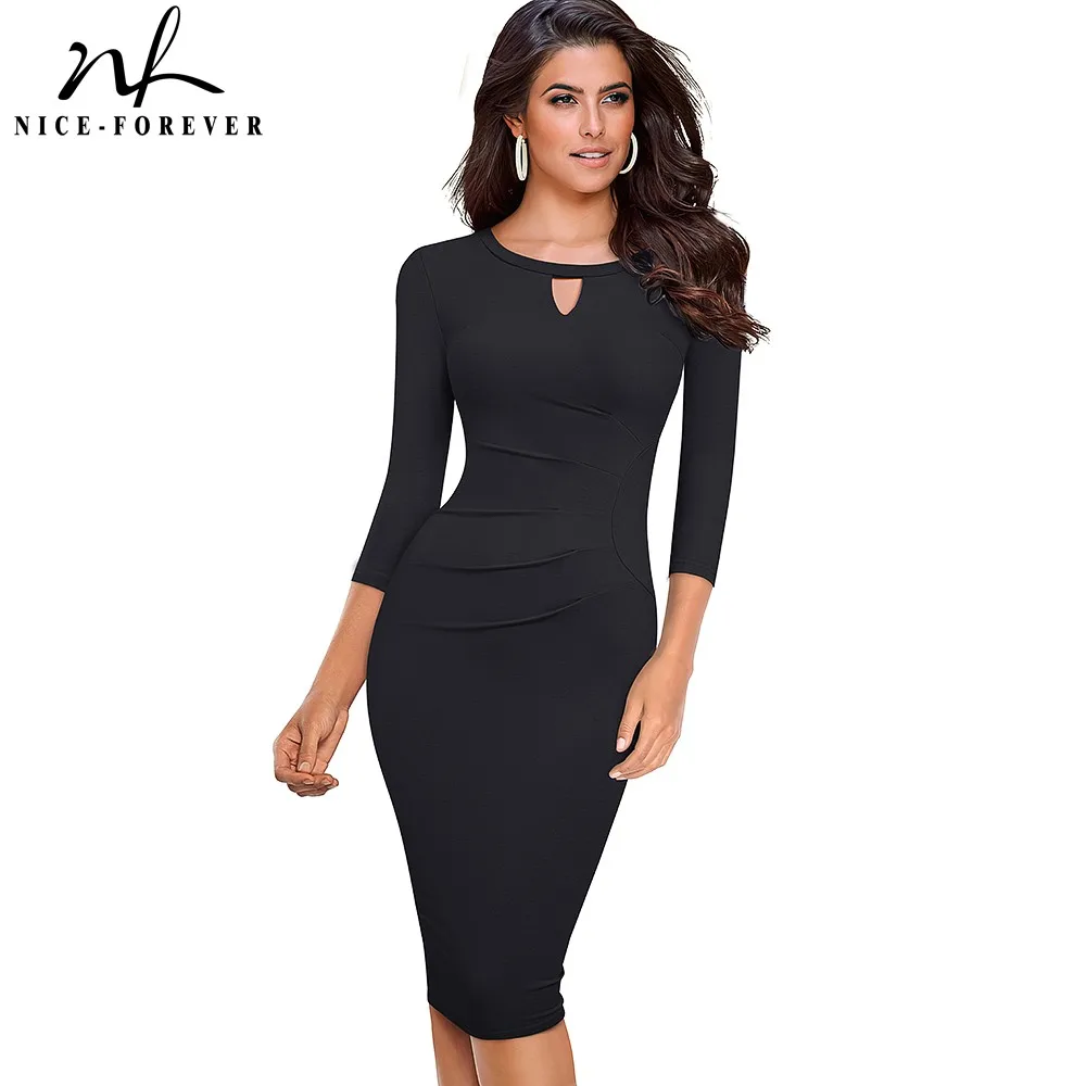

Nice-Forever Autumn Women Elegant Solid Color Work Hollow Out Dresses Office Business Vintage Bodycon Dress btyB607